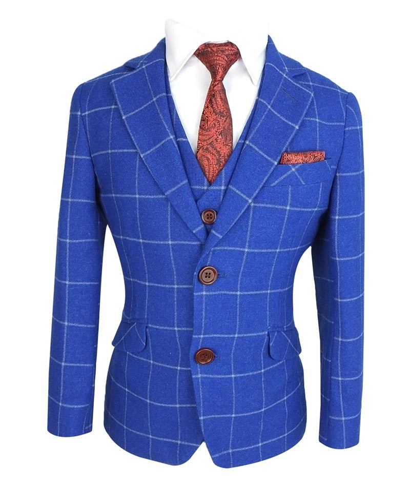 Boys Windowpane Check Slim Fit Suit - Royal Blue