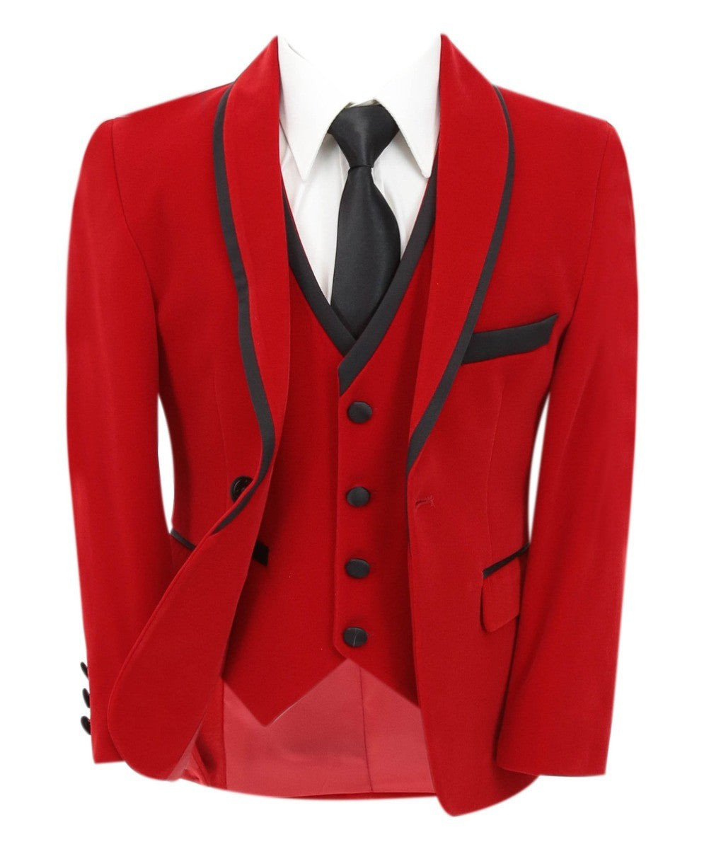 Boys Slim Fit Piping Velvet Tuxedo Suit - LONDON - Red