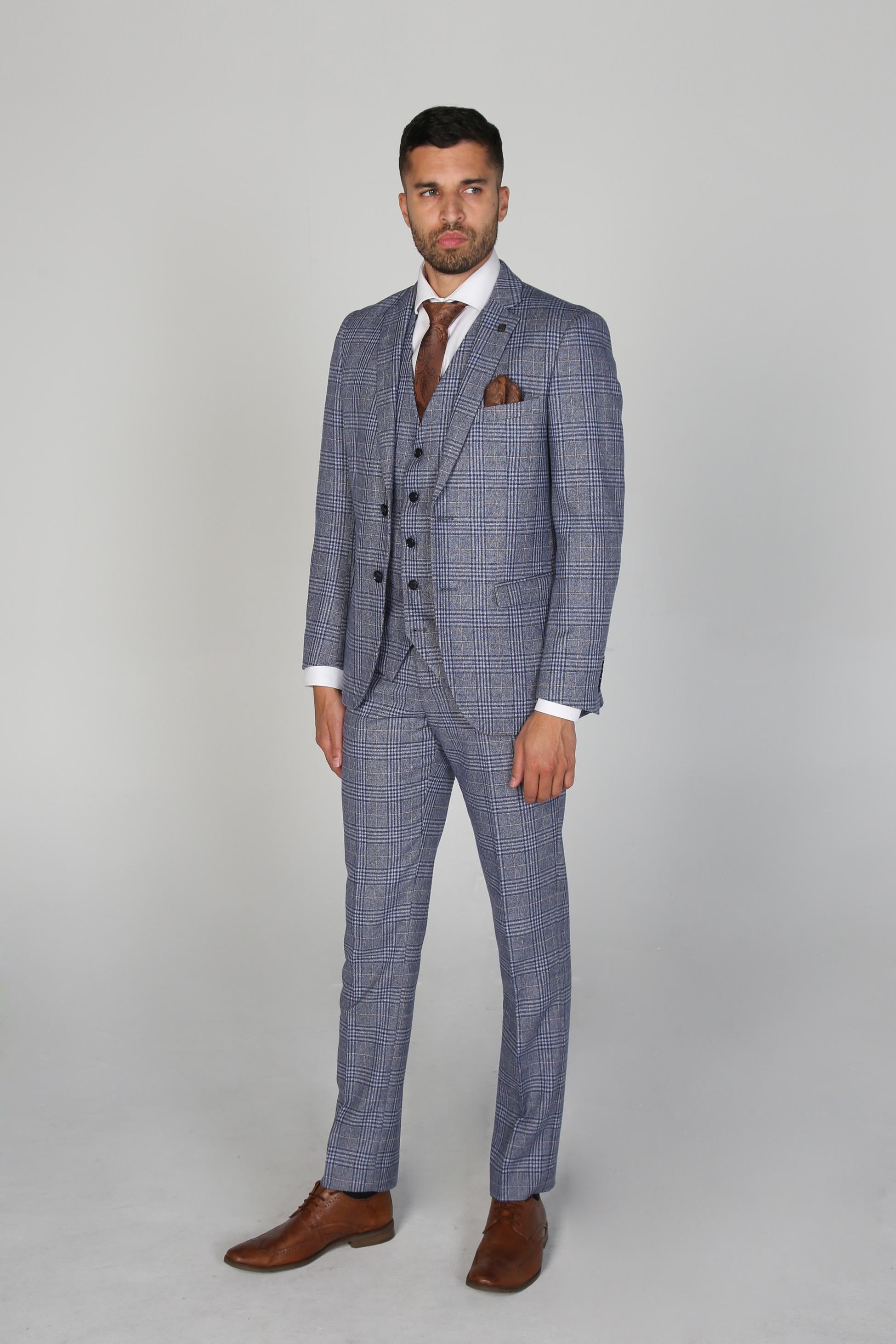 Men's Retro Check Tailored Fit Blue Suit  - VICTOR - Blue