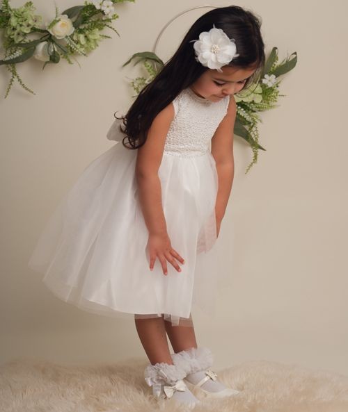 Flower Girl Dress with Lace & Bow - ROSE - Ivory