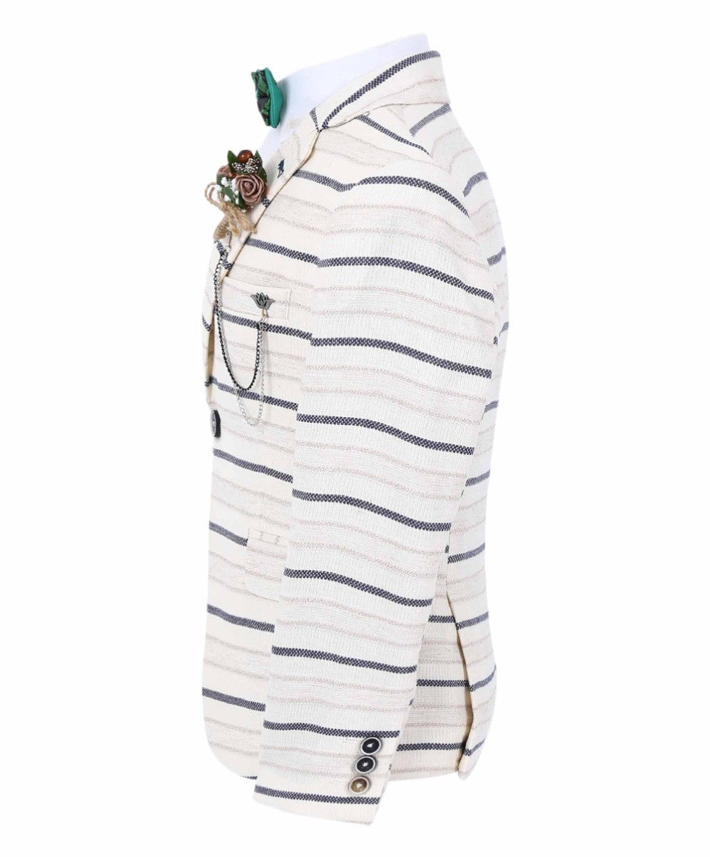 Boys Slim Fit Striped Blazer - Beige - Navy Blue