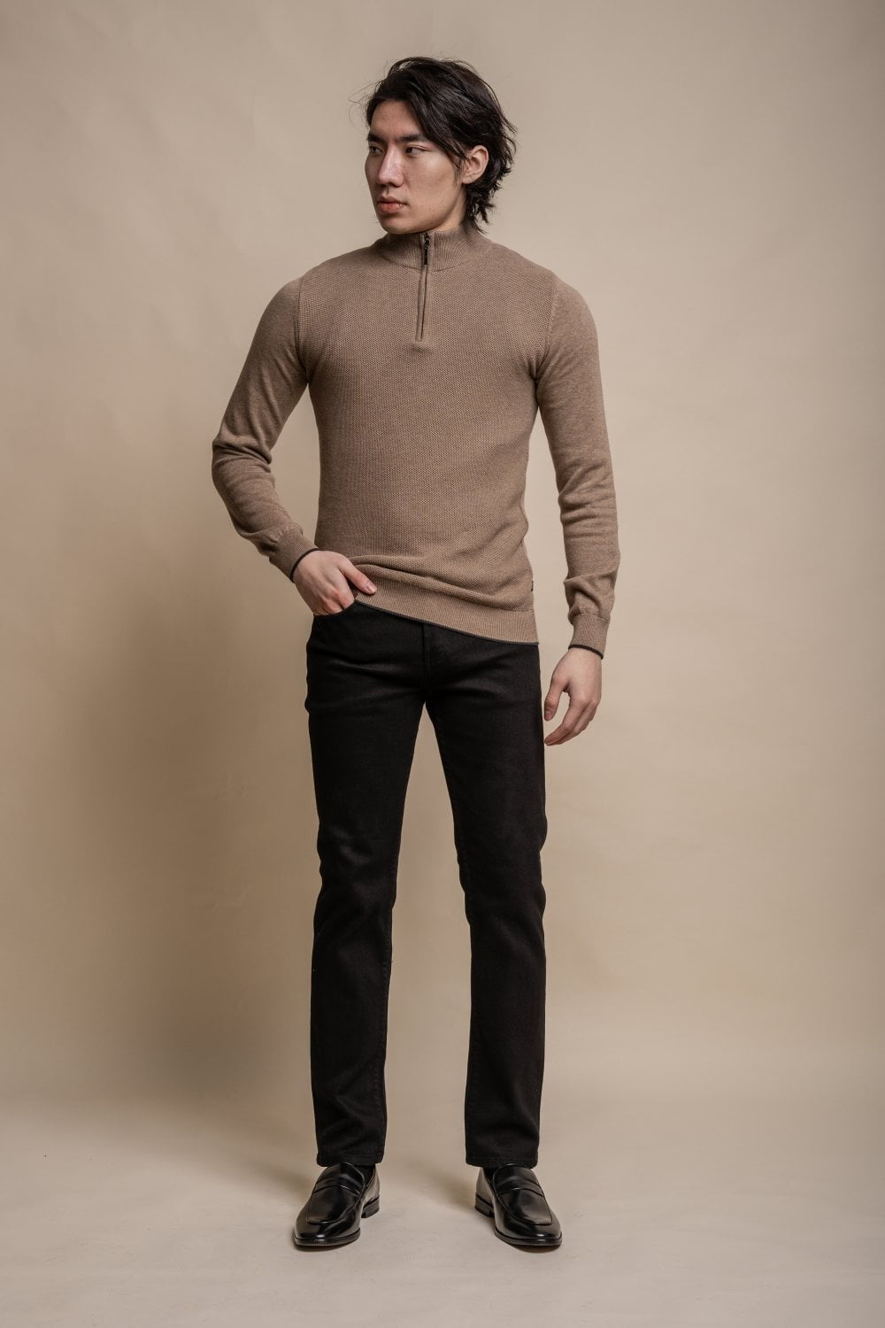 Men's Half Zip Knit Cotton Pullover - KYLE - Fawn Brown