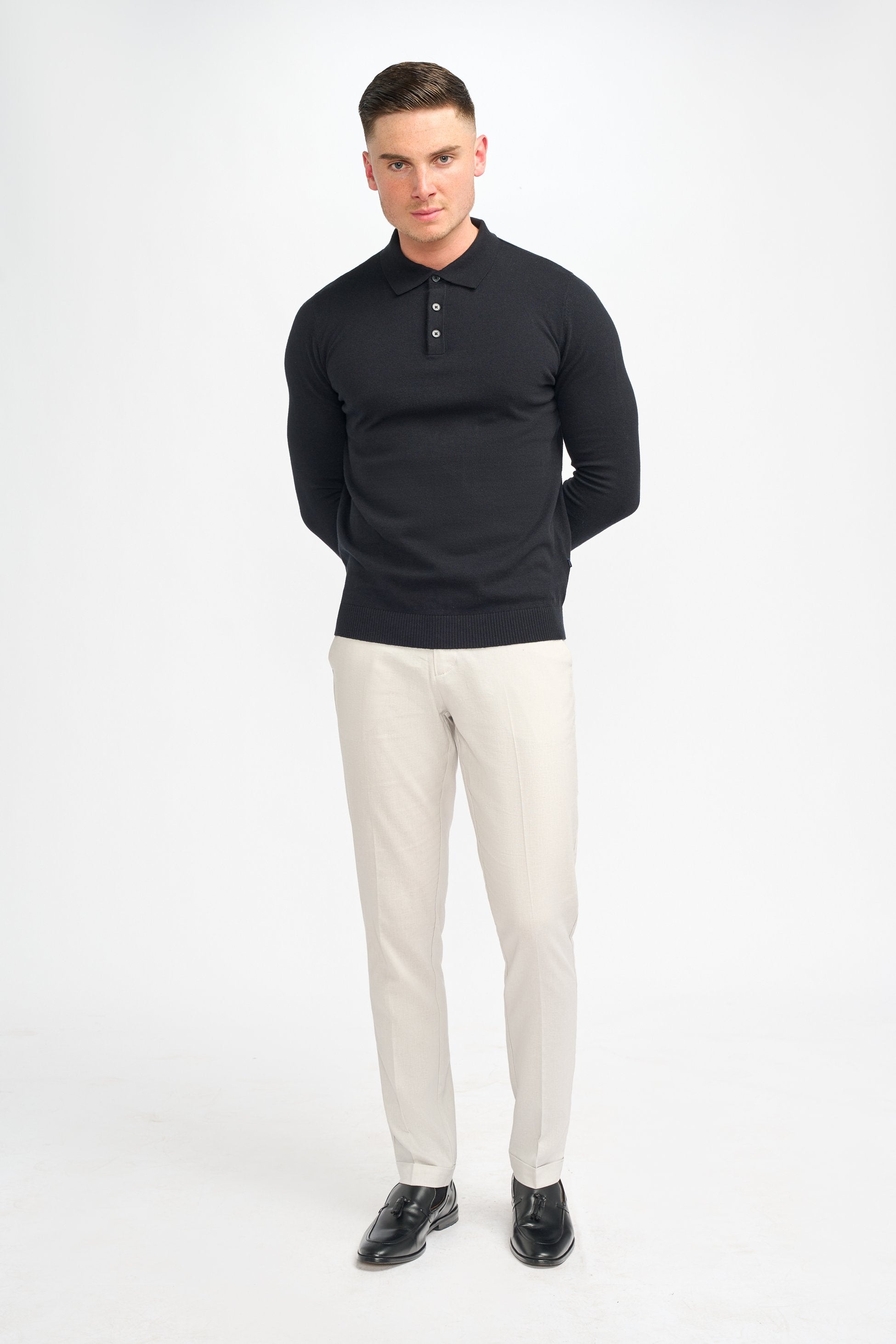 Men’s Wool Knit Long Sleeve Polo Shirt - Boom - Black