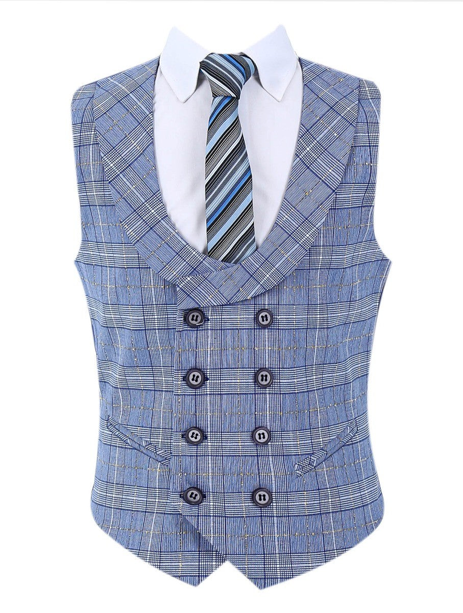 Boys Retro Check Slim Fit Suit - Light Blue