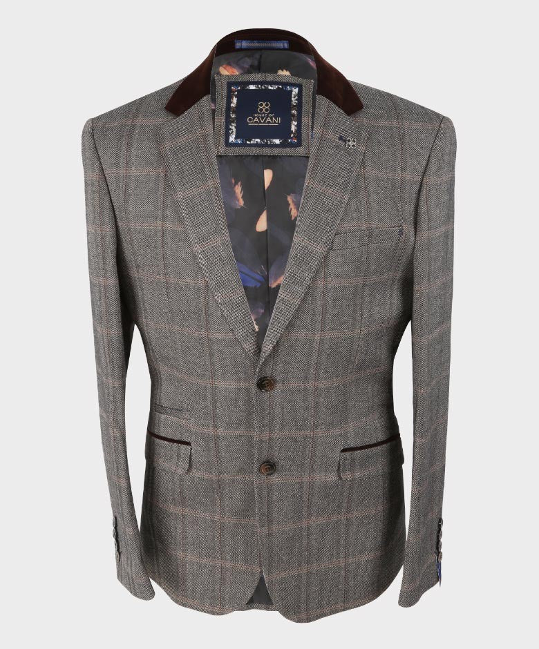 Men's Tweed Check Retro Suit Jacket - Connall Brown - Brown