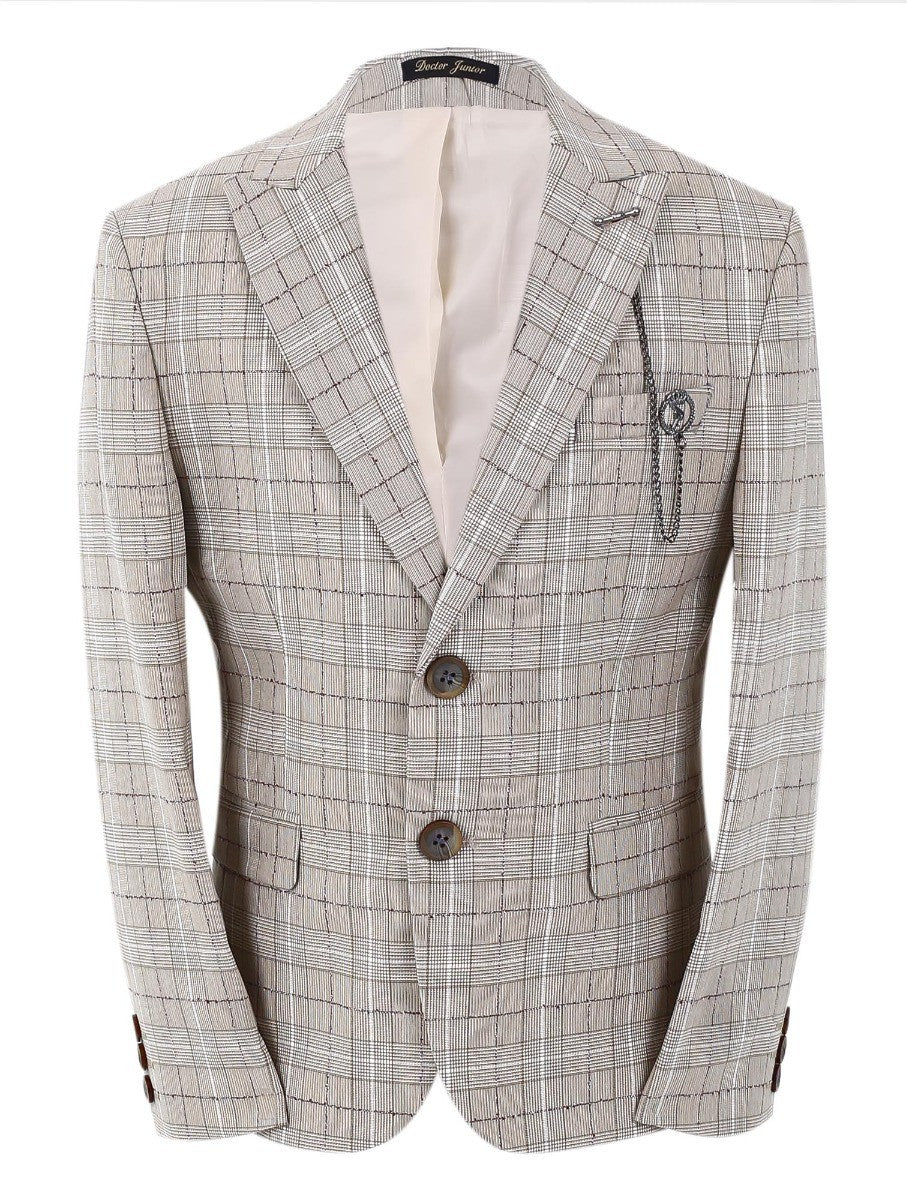 Boys Retro Check Slim Fit Suit - Beige