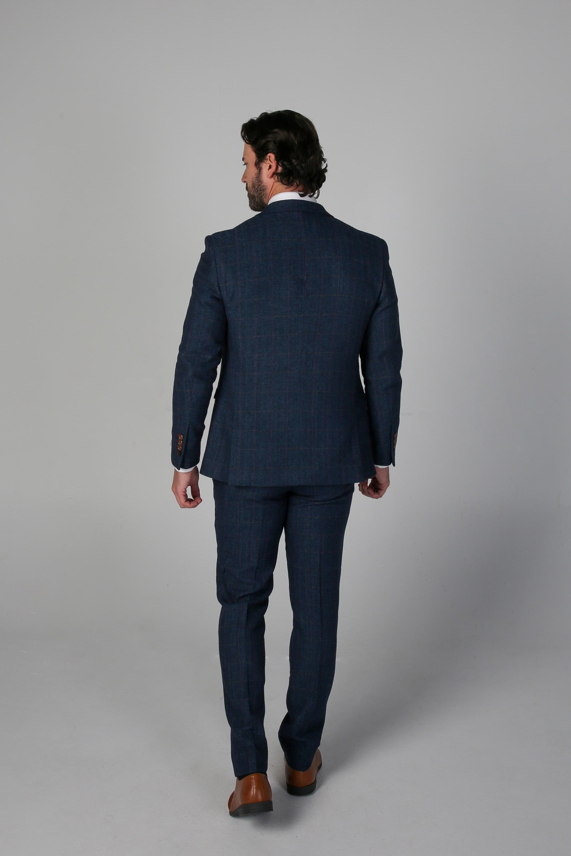 Men's Tweed Herringbone Tailored Fit Suit - SCOTT - Navy Blue