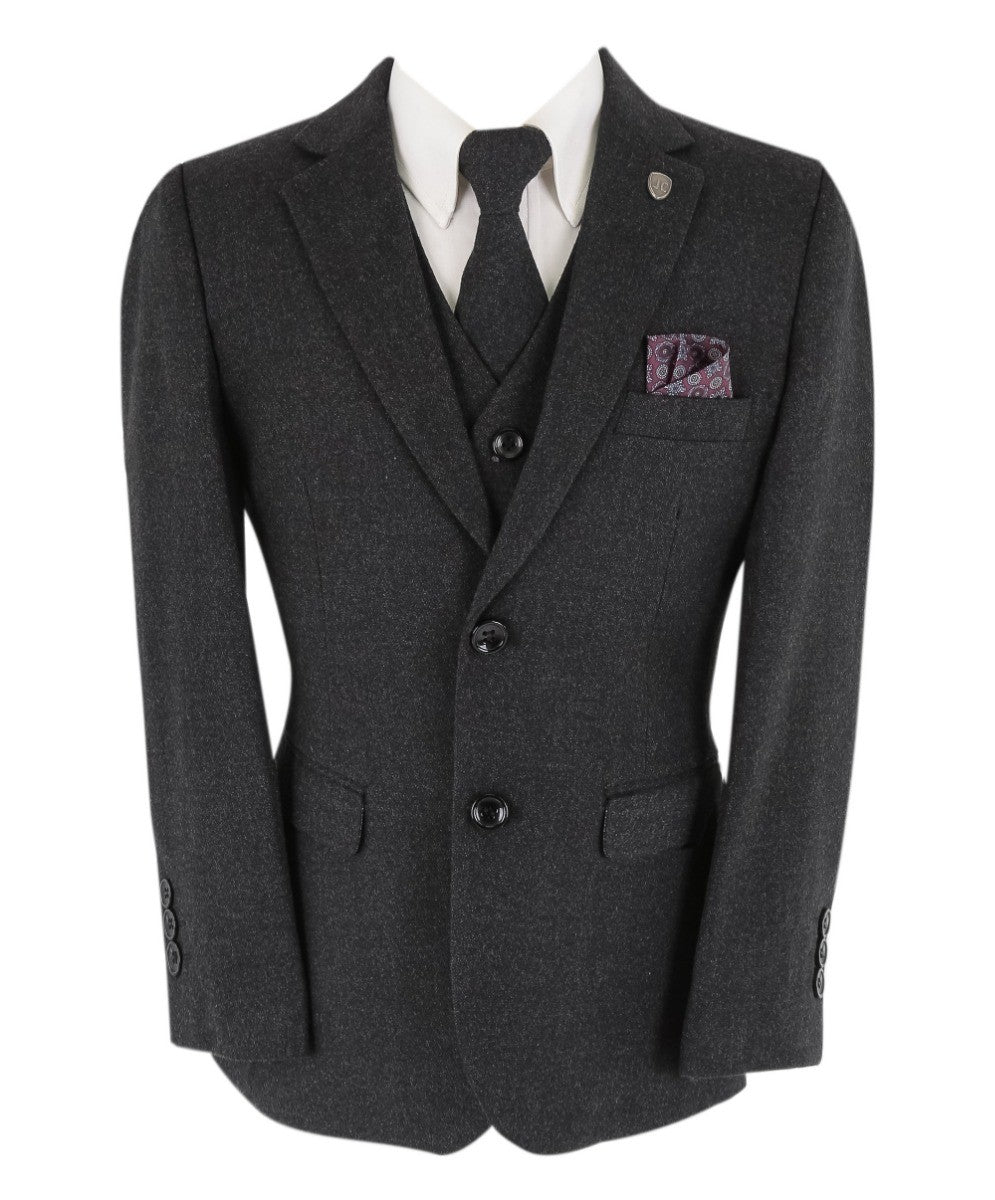 Boys Husky Tweed Tailored Fit Grey Suit - ADAM - Dark Grey