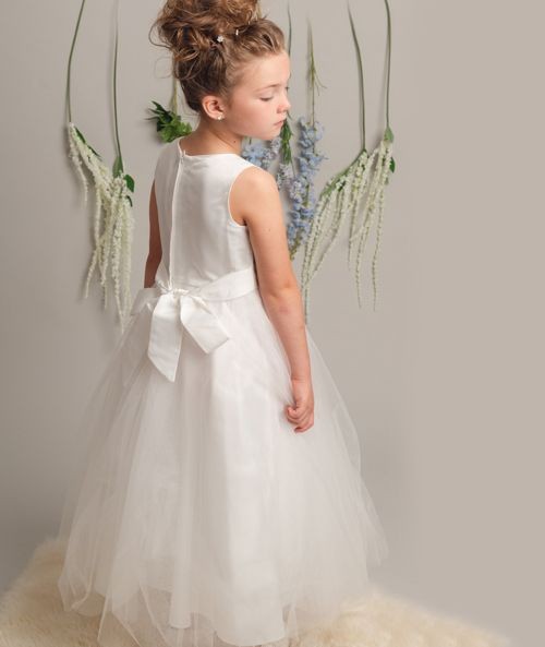 Floral Embroidery Flower Girl Dress with Bow - LUCKY - Ivory