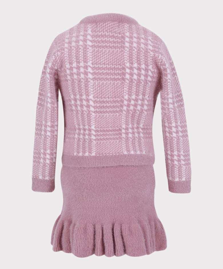 Girls Herringbone Tweed Dress and Cardigan Set - Pink