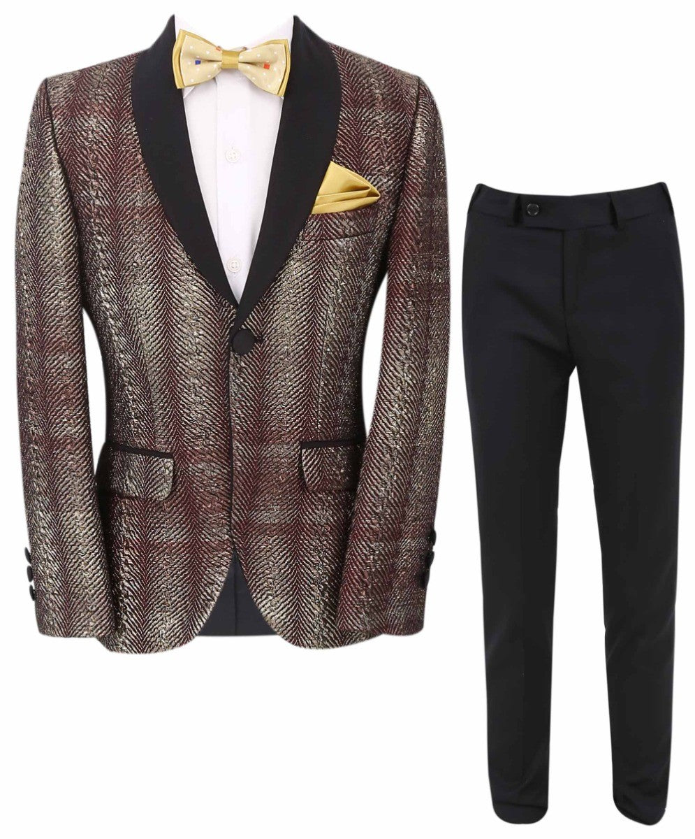 Boys Tweed Tuxedo Slim Fit Suit - ROBBIE - Burgundy - Gold