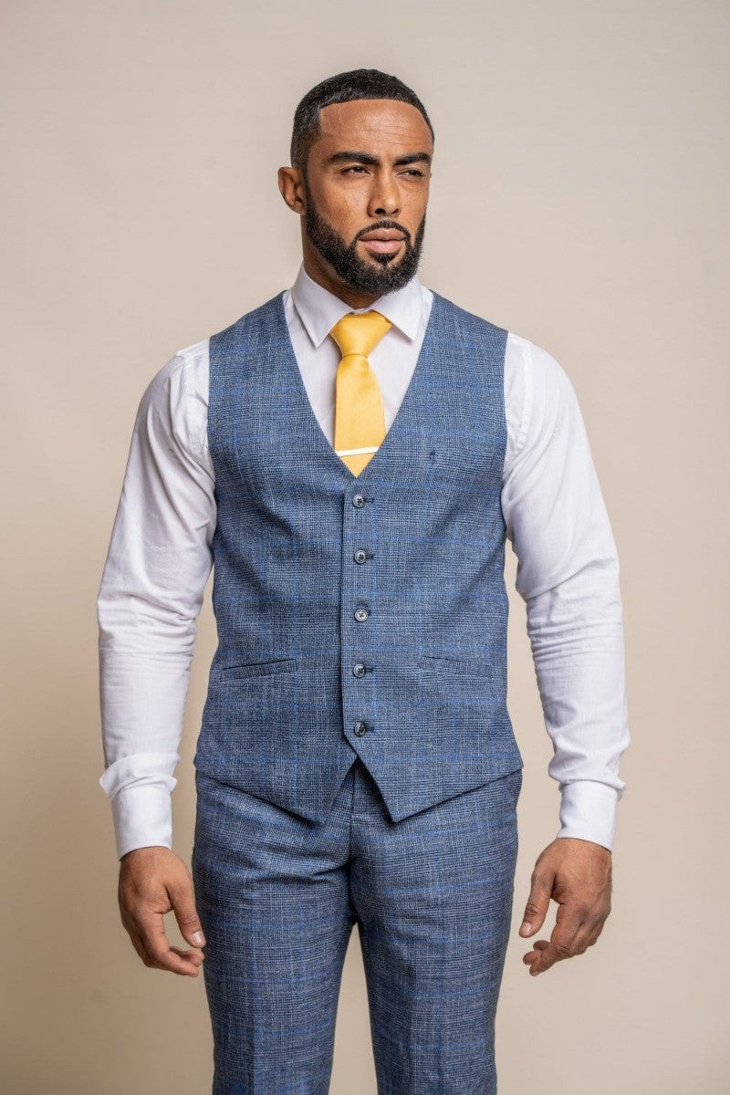 Men's Check Slim Fit Blue Waistcoat - PHANTOM - Blue