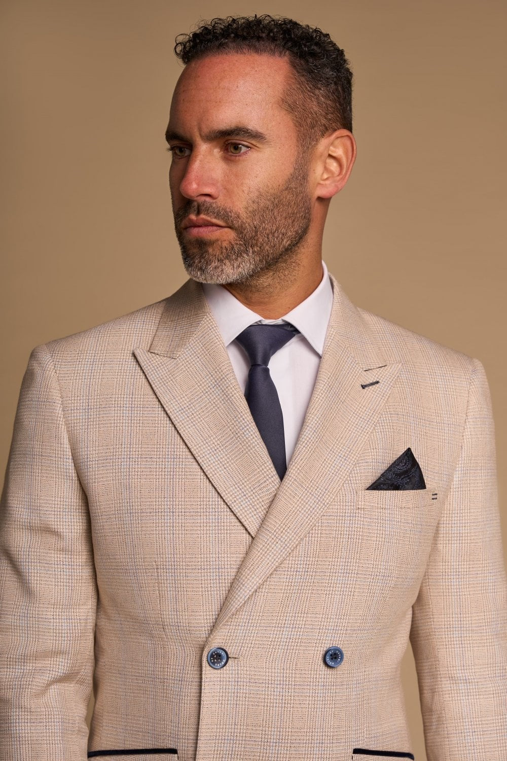 Men's Houndstooth Double-breasted Suit Jacket - CARIDI - Beige