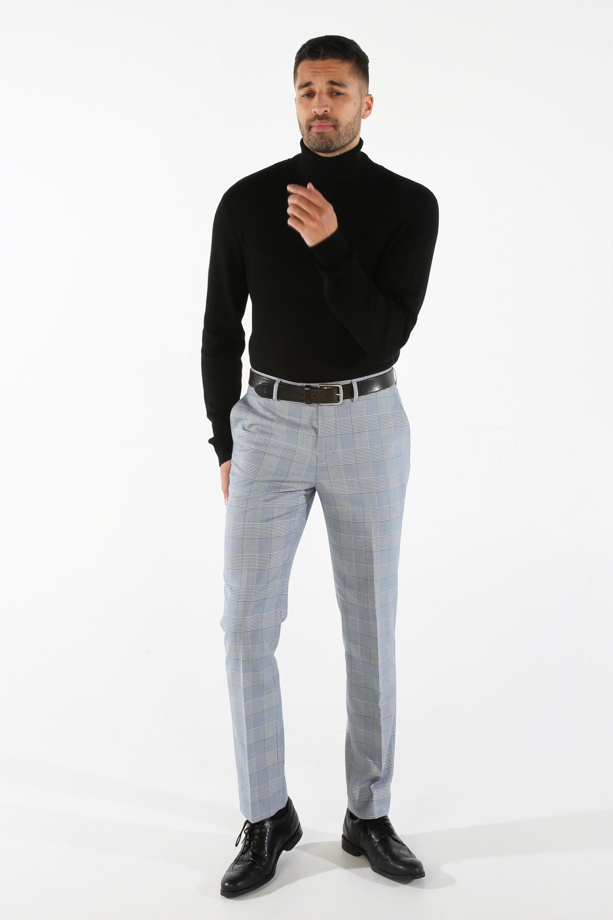 Men's Houndstooth Check Sky Blue Trousers - MARK - Blue