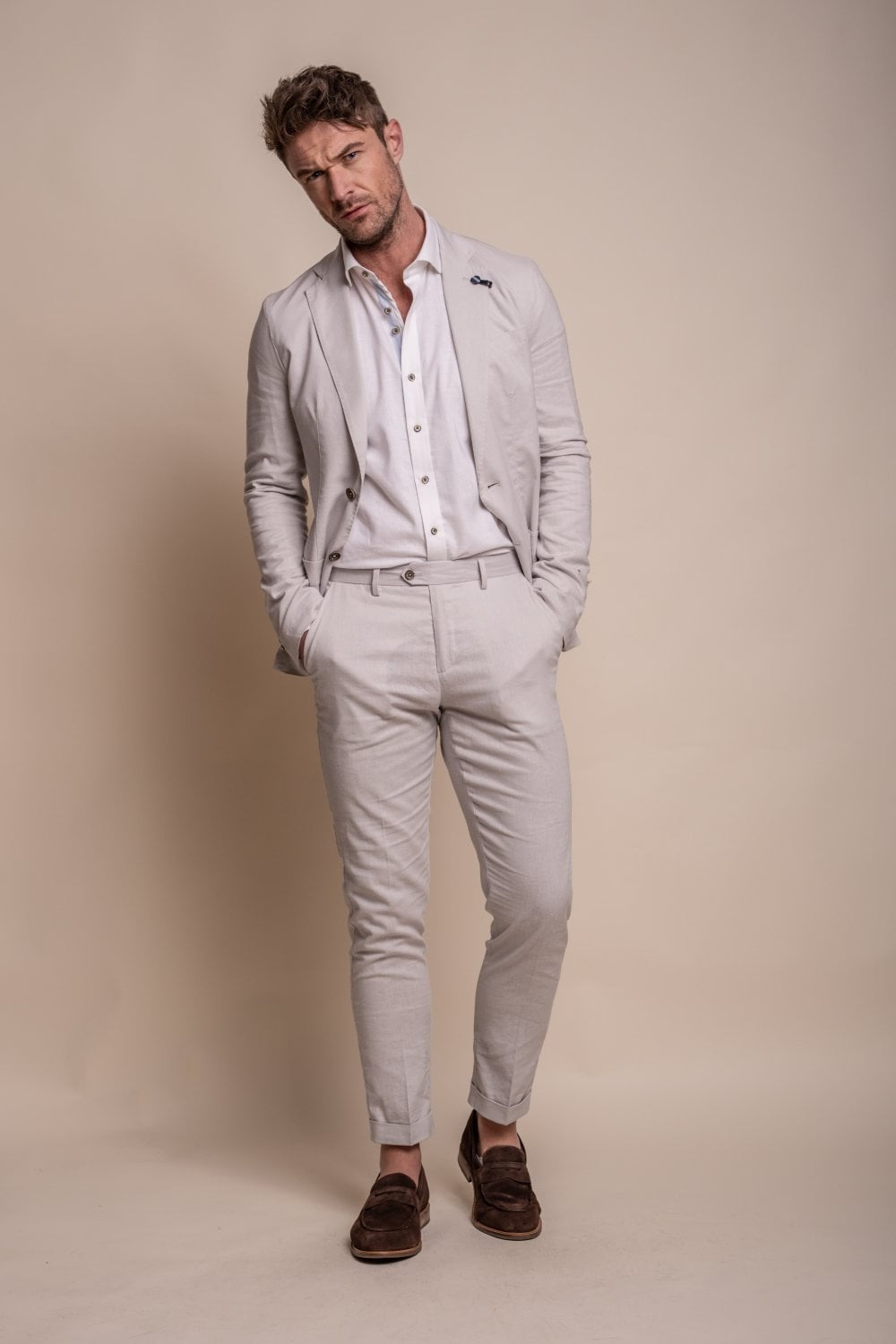 Men's Slim Fit Linen Jacket & Trousers Suit Set - ALVARI - Stone