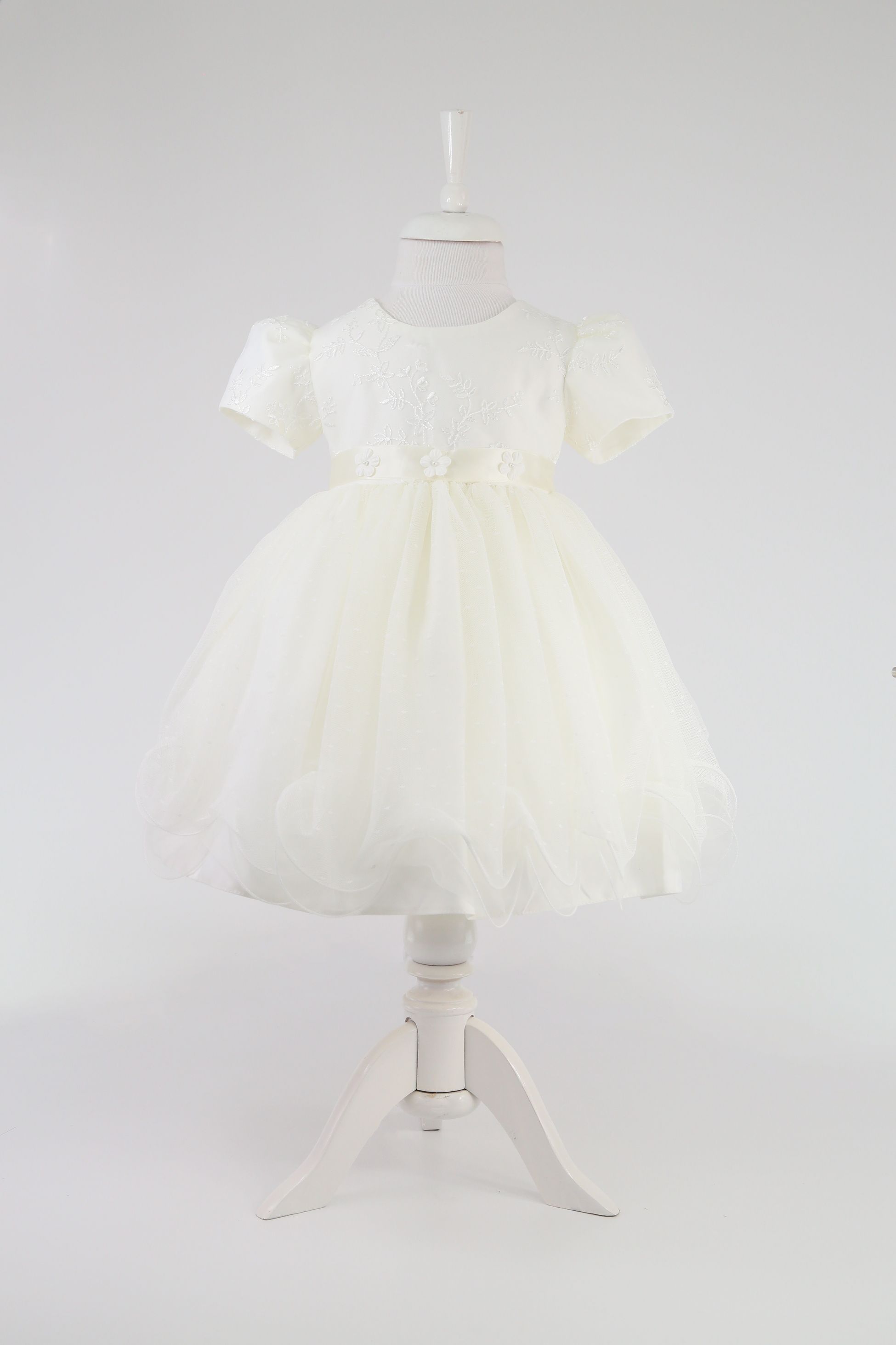 Baby Girls Balloon Sleeve Tulle Dress – B1038 - Ivory