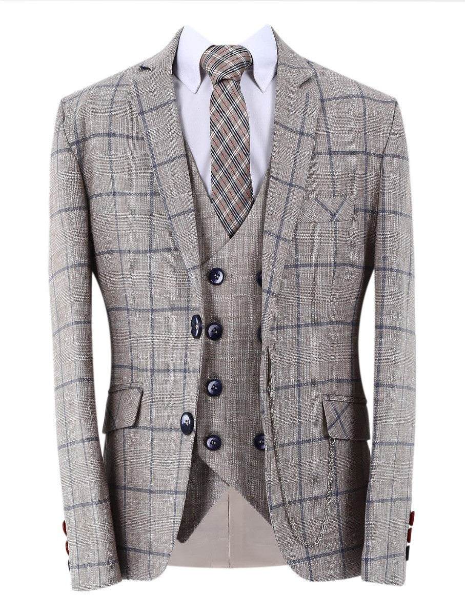 Boys Slim Fit Windowpane Check Suit - Beige