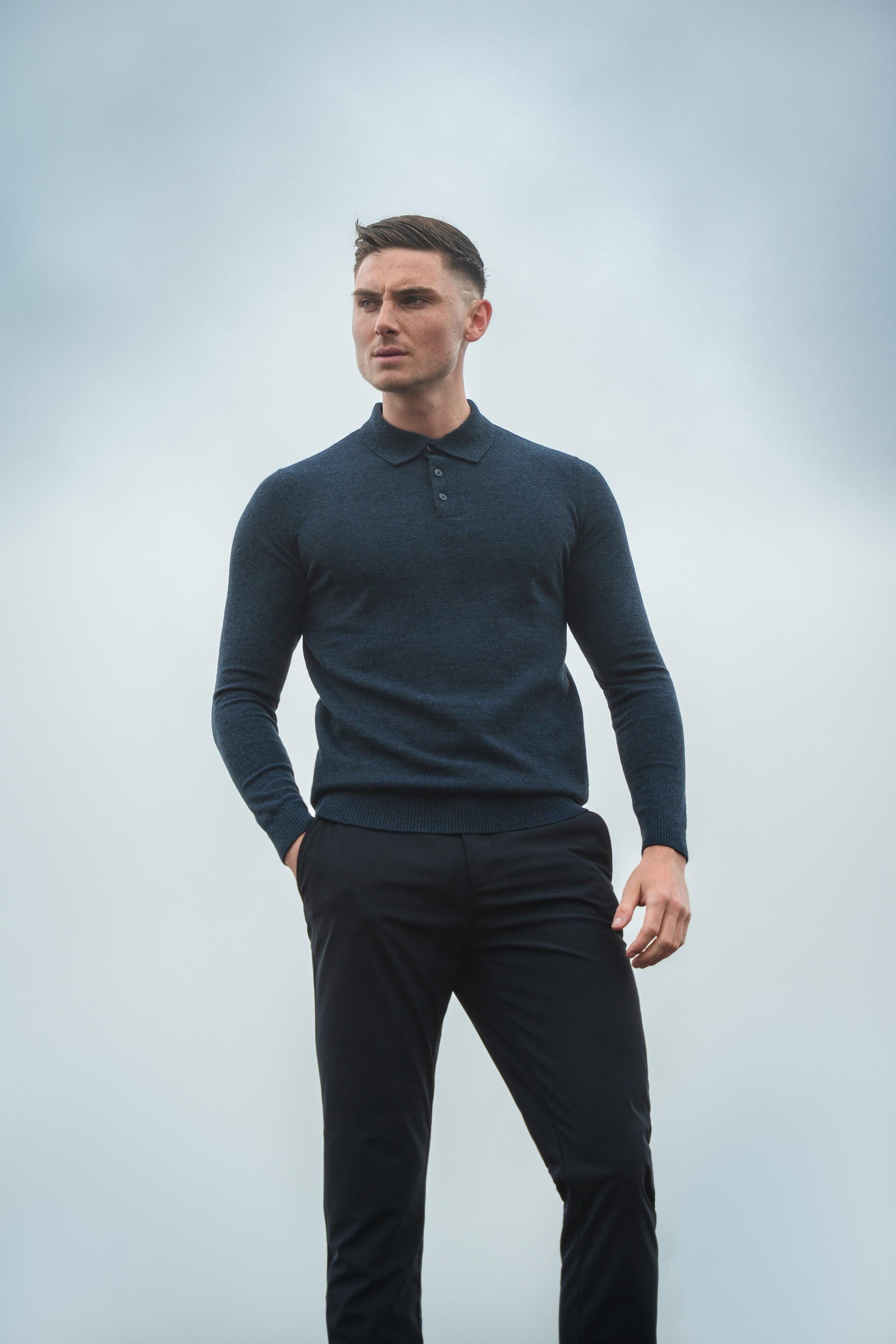 Men’s Wool Knit Long Sleeve Polo Shirt - Boom - Navy Blue