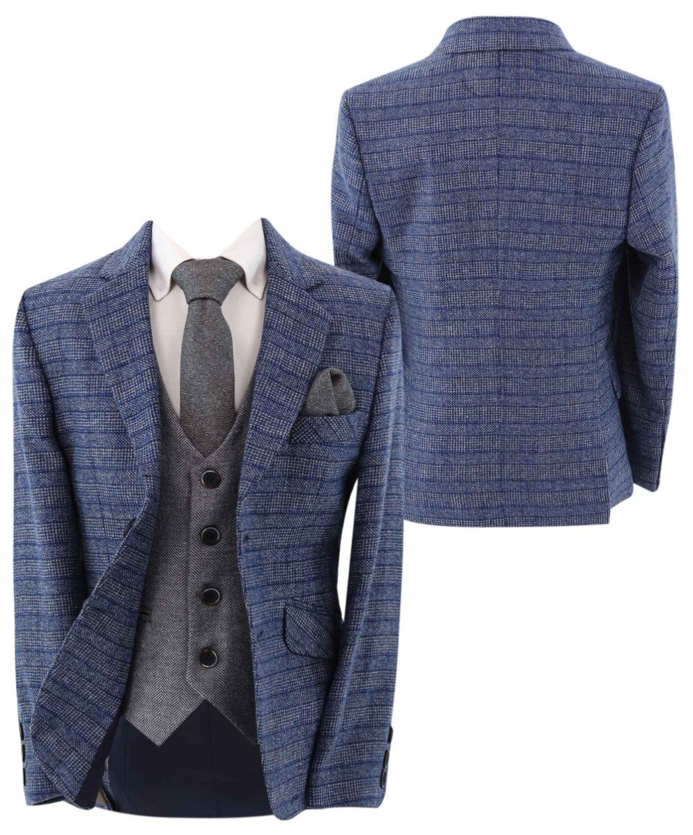 Boys Tweed Herringbone Blazer and Waistcoat Suit Set - Blue