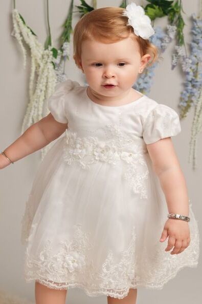 Baby Girls Balloon Sleeves Tulle Dress - RIYA - Ivory