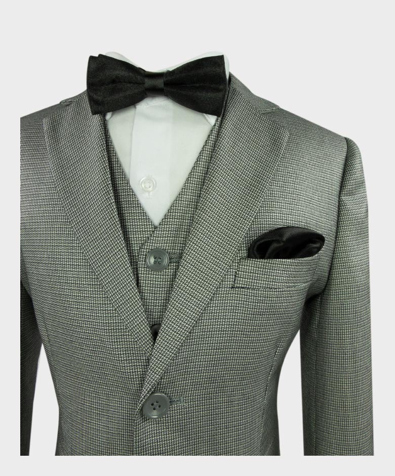 Boys Tweed Tailored Fit Formal Suit - JACKSON - Grey - Black - White