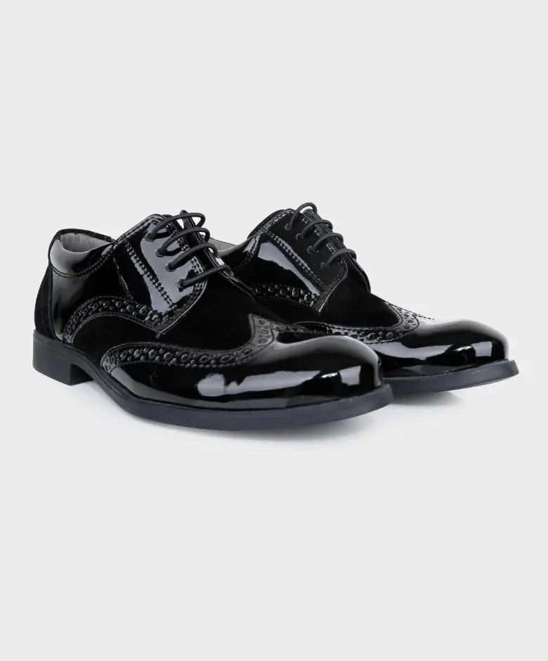 Boys Patent Leather & Suede Lace Up Brogue Derby Shoes - Black