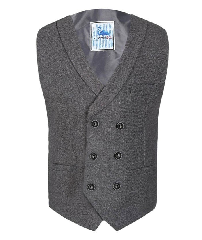 Men's and Boys Herringbone Double-breasted Waistcoat Set - Grey