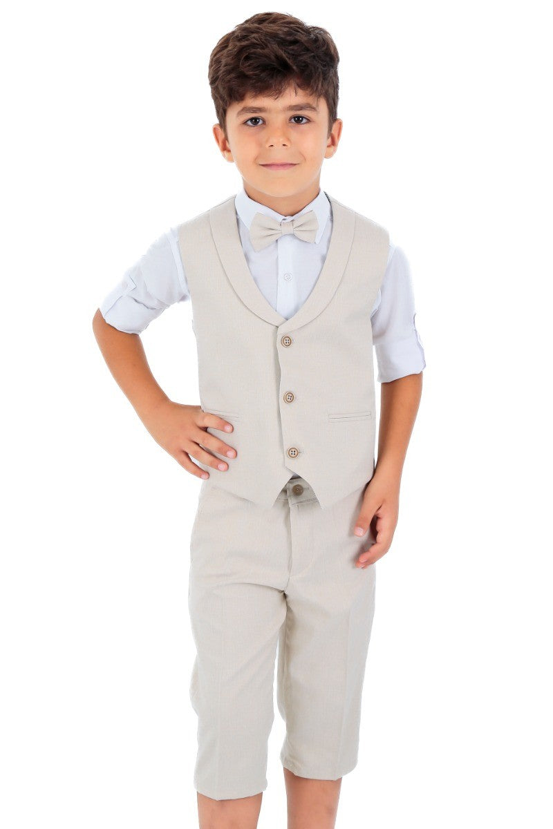 Boys Linen Waistcoat Suit Set - Light Beige