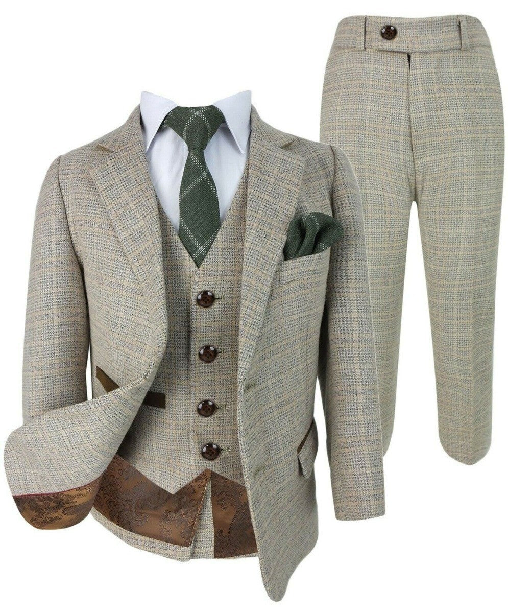 Boys Tweed Check Tailored Fit Beige Formal Suit - HOLLAND - Beige - Brown