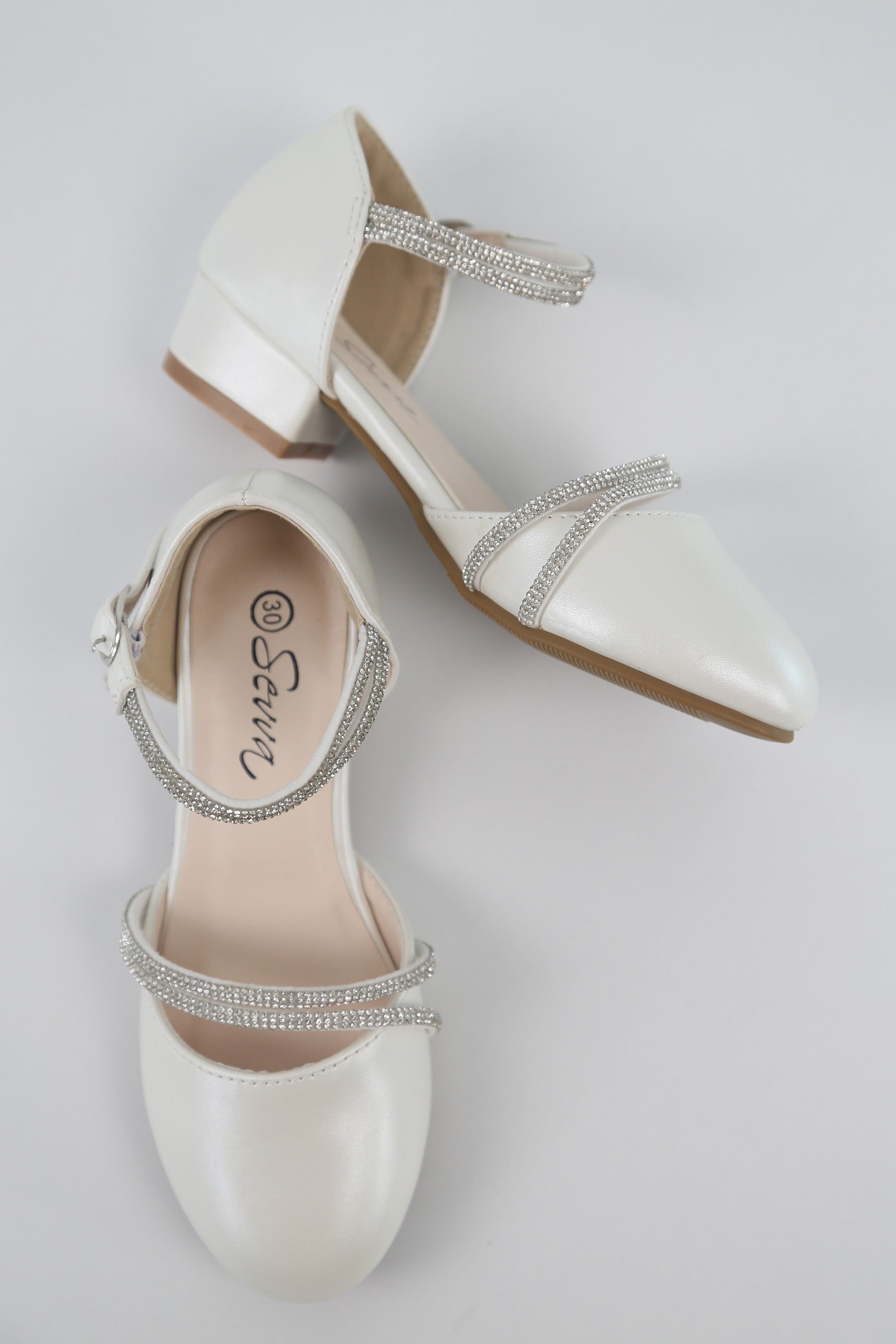 Girls Rhinestone Straps Low Heel Shoes – DREAM - Ivory