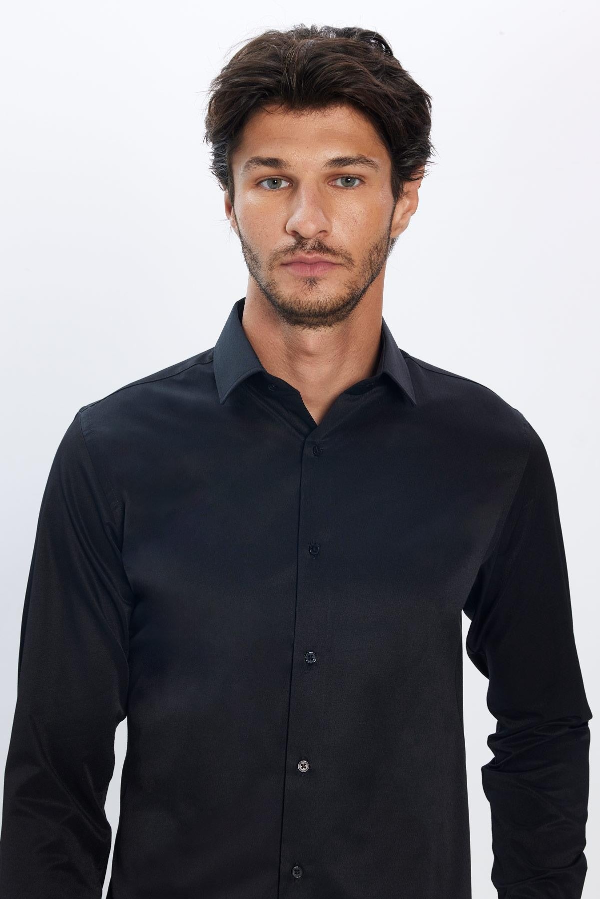 Men's Slim Fit Button-Down Cotton Blend Dress Shirt - Dimi Dotti - Black