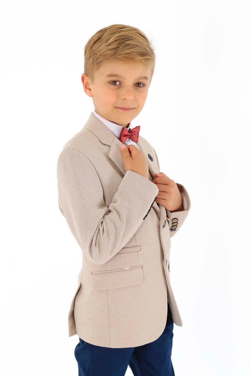 Boys Cotton Slim Fit Blazer and Waistcoat Set - Frank - Beige