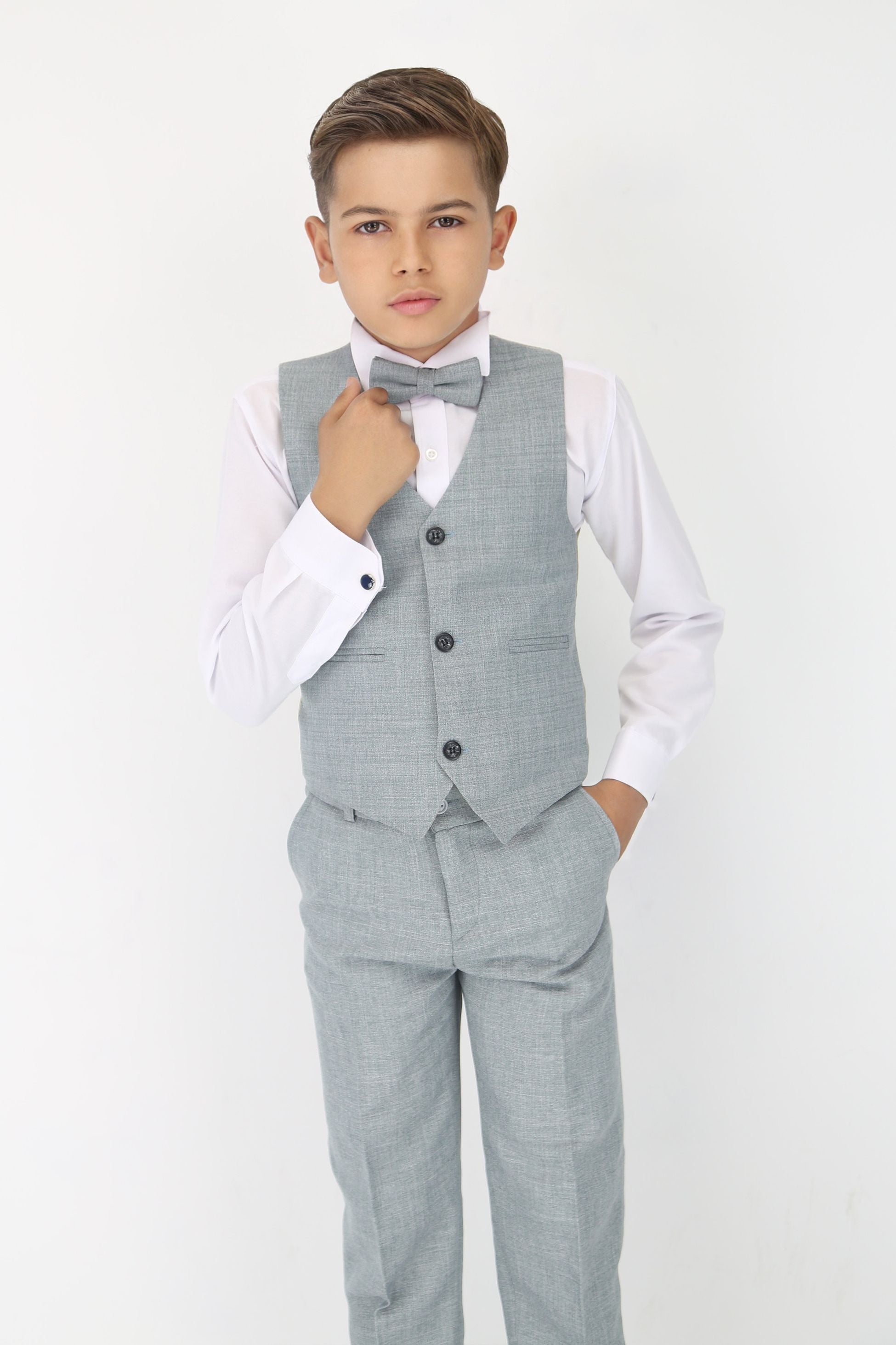 Boys Slim Fit Textured 8-Piece Formal Suit Set - Slate Grey Model Waistcoat Picture with bowtie