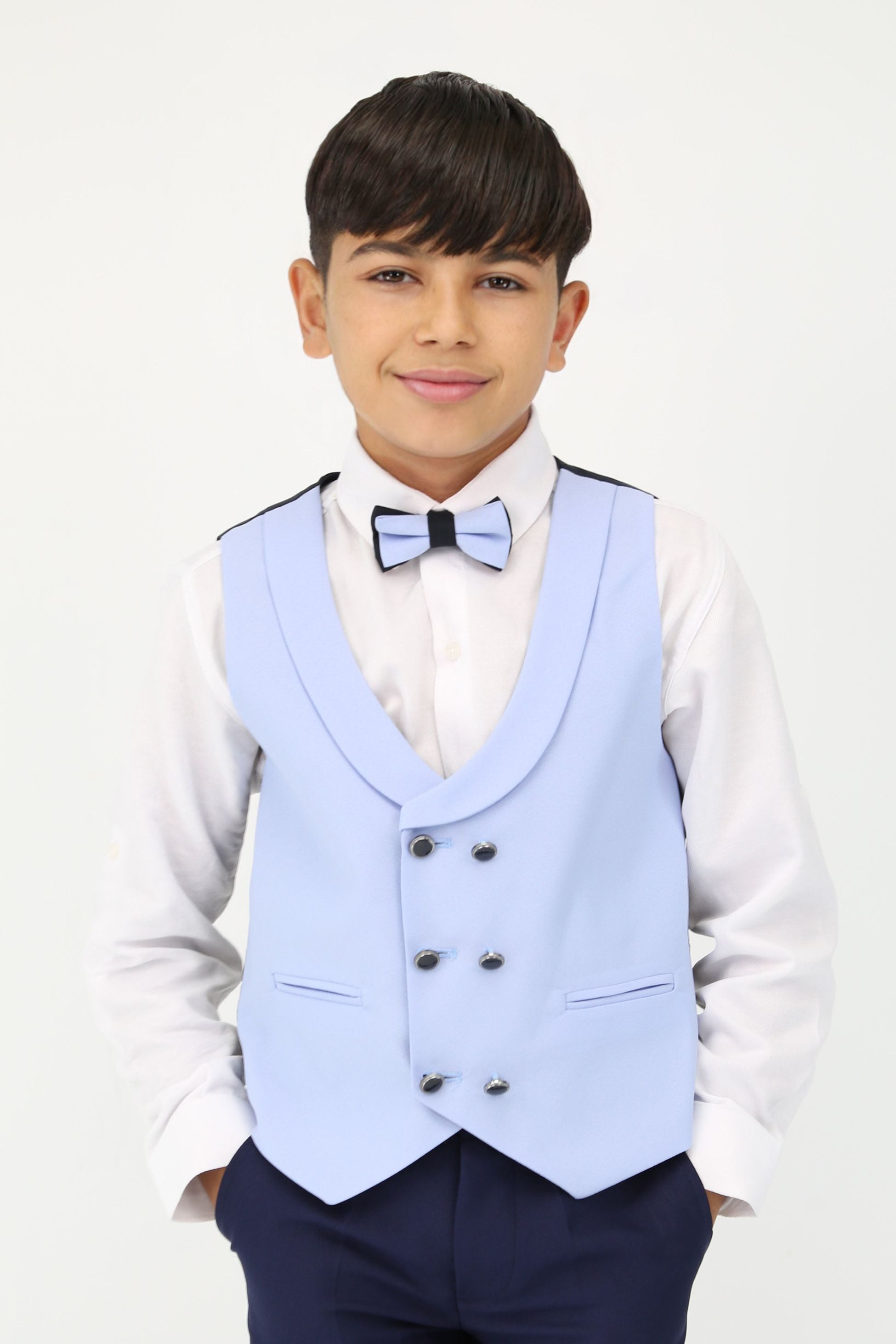 Boys Light Blue 6 PC Suit Set with Black Contrast Lapels - Blue