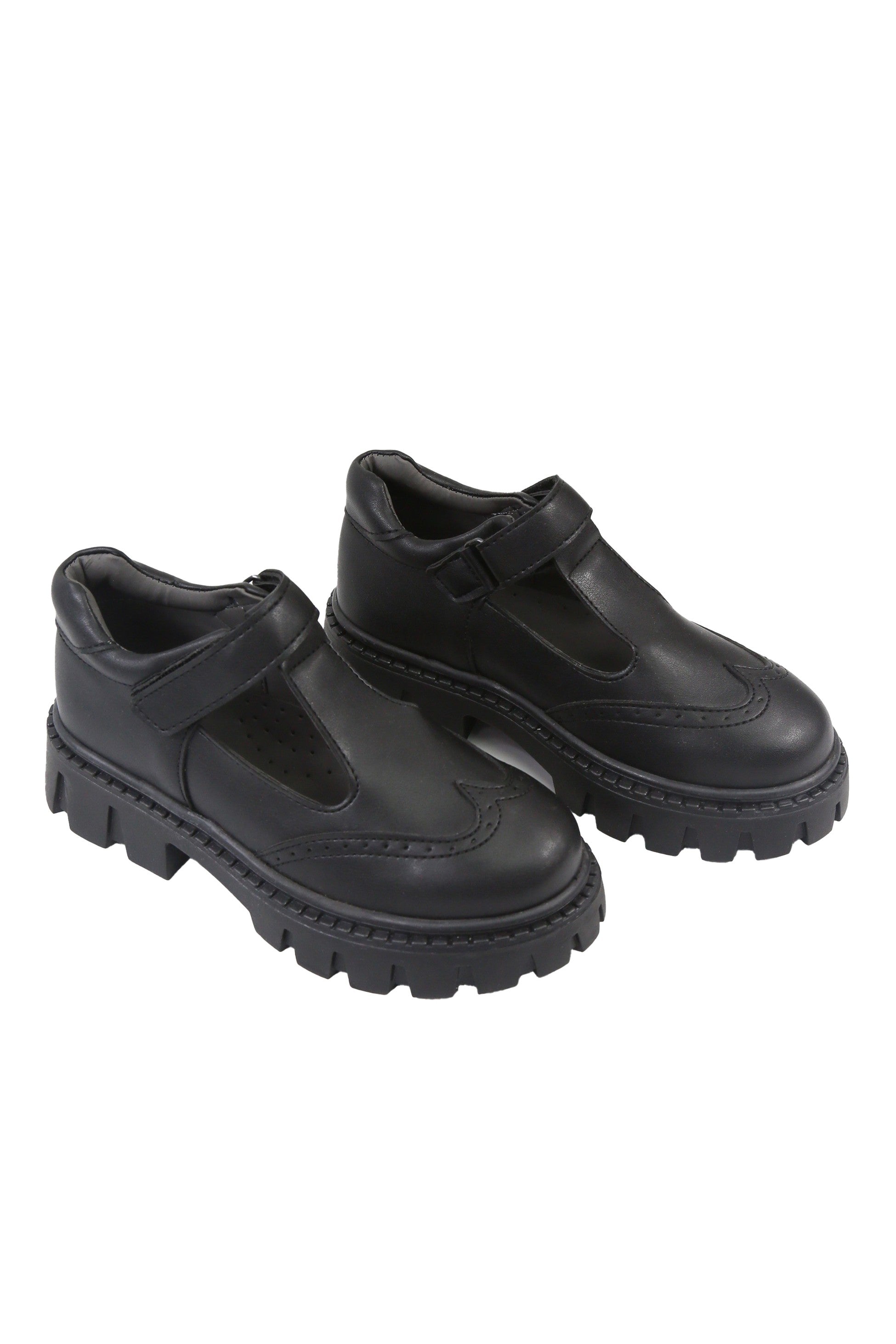 Girls Black Brogue Mary Jane Platform School Shoes - Mat Black