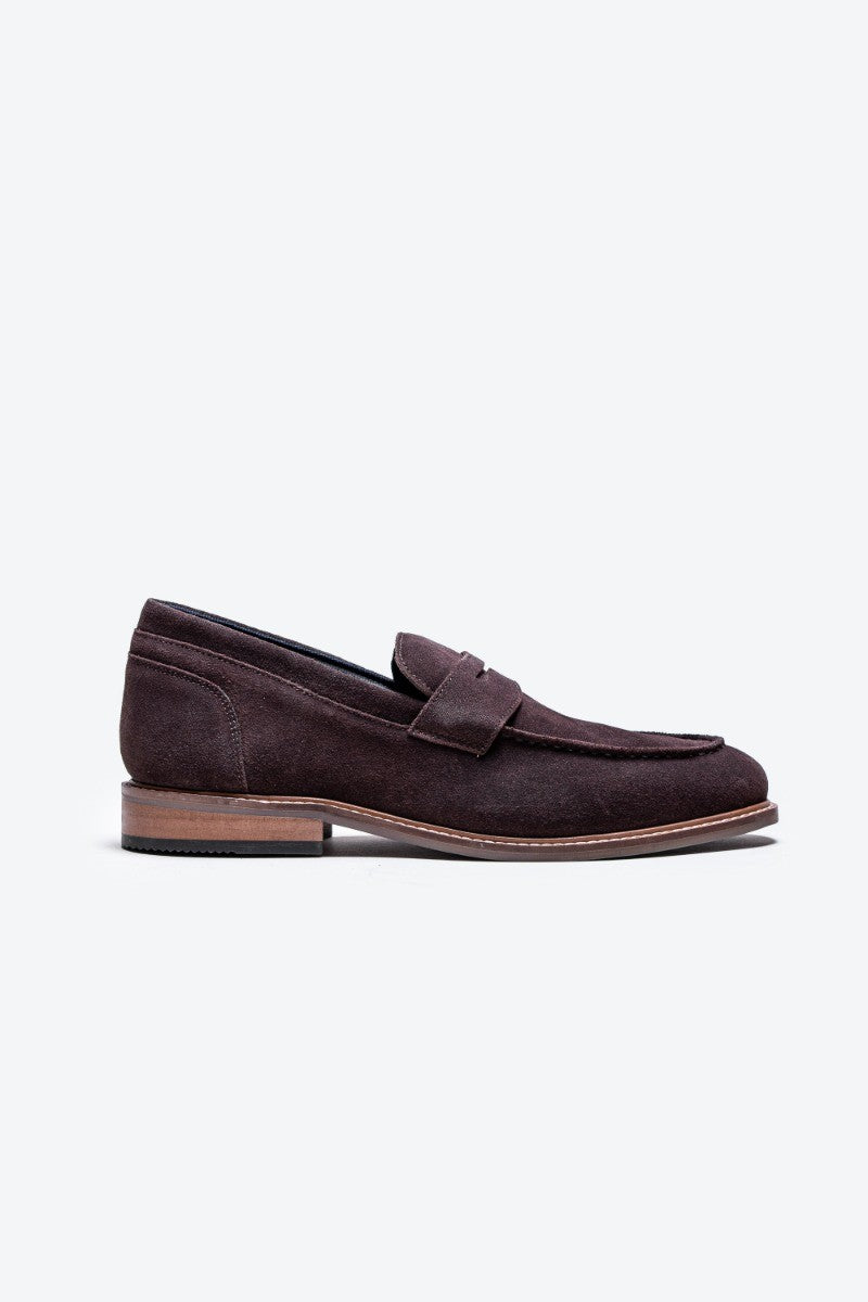 Men's Stacked Heel Suede Penny Loafer - JORDAN - Brown