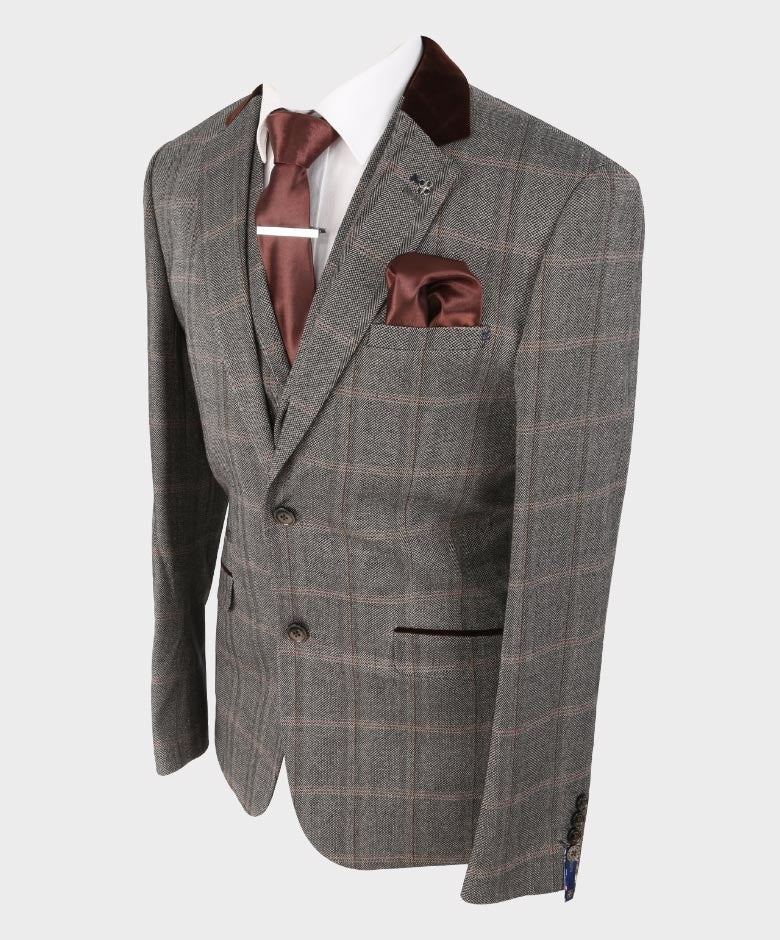 Men's Tweed Check Retro Suit Jacket - Connall Brown - Brown