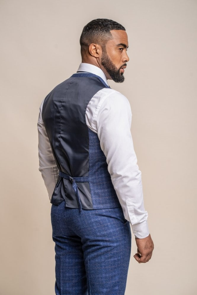 Men's Tweed Check Navy Slim Fit Waistcoat - KAISER - Navy Blue