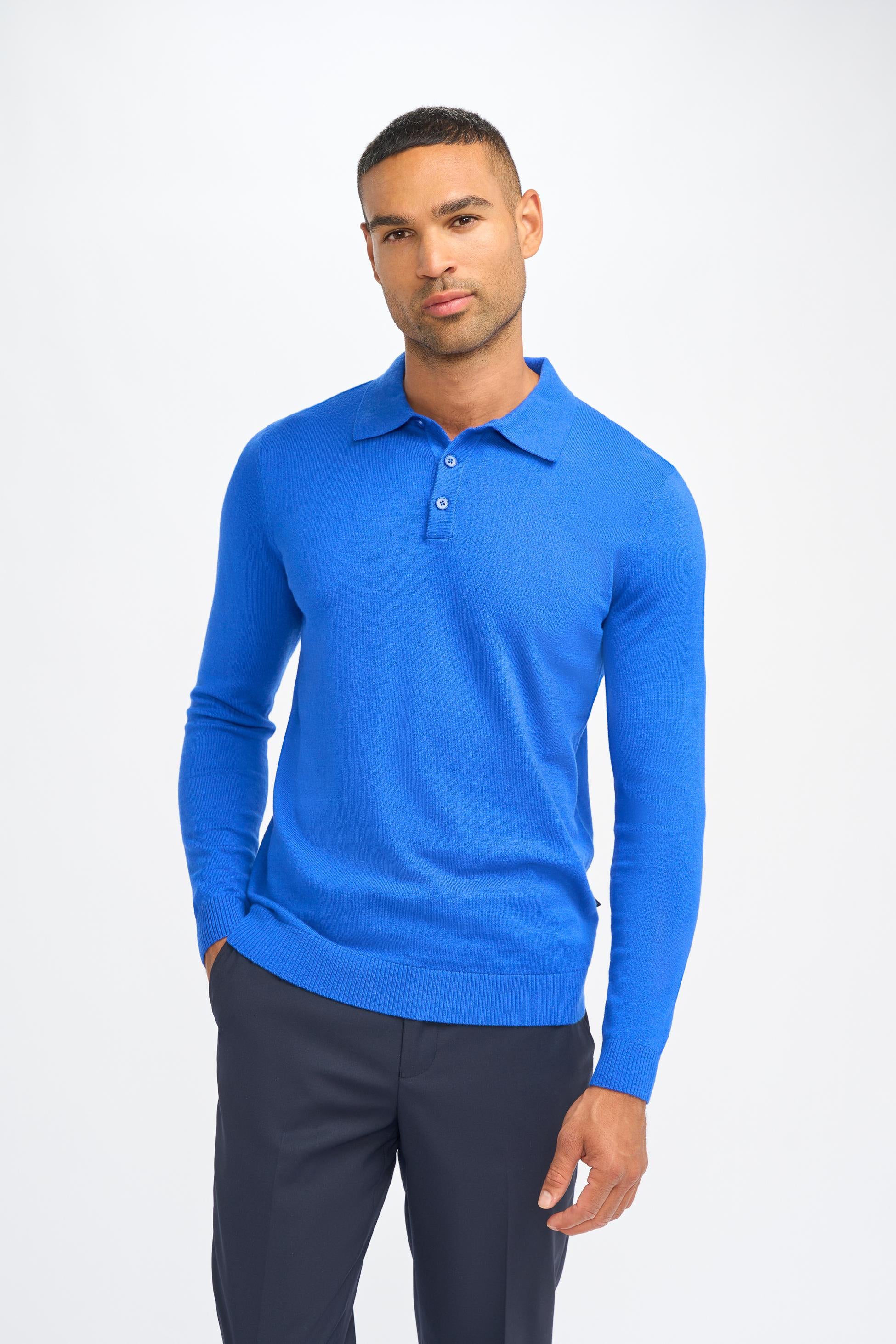 Men’s Wool Knit Long Sleeve Polo Shirt - Boom - Electirc Blue