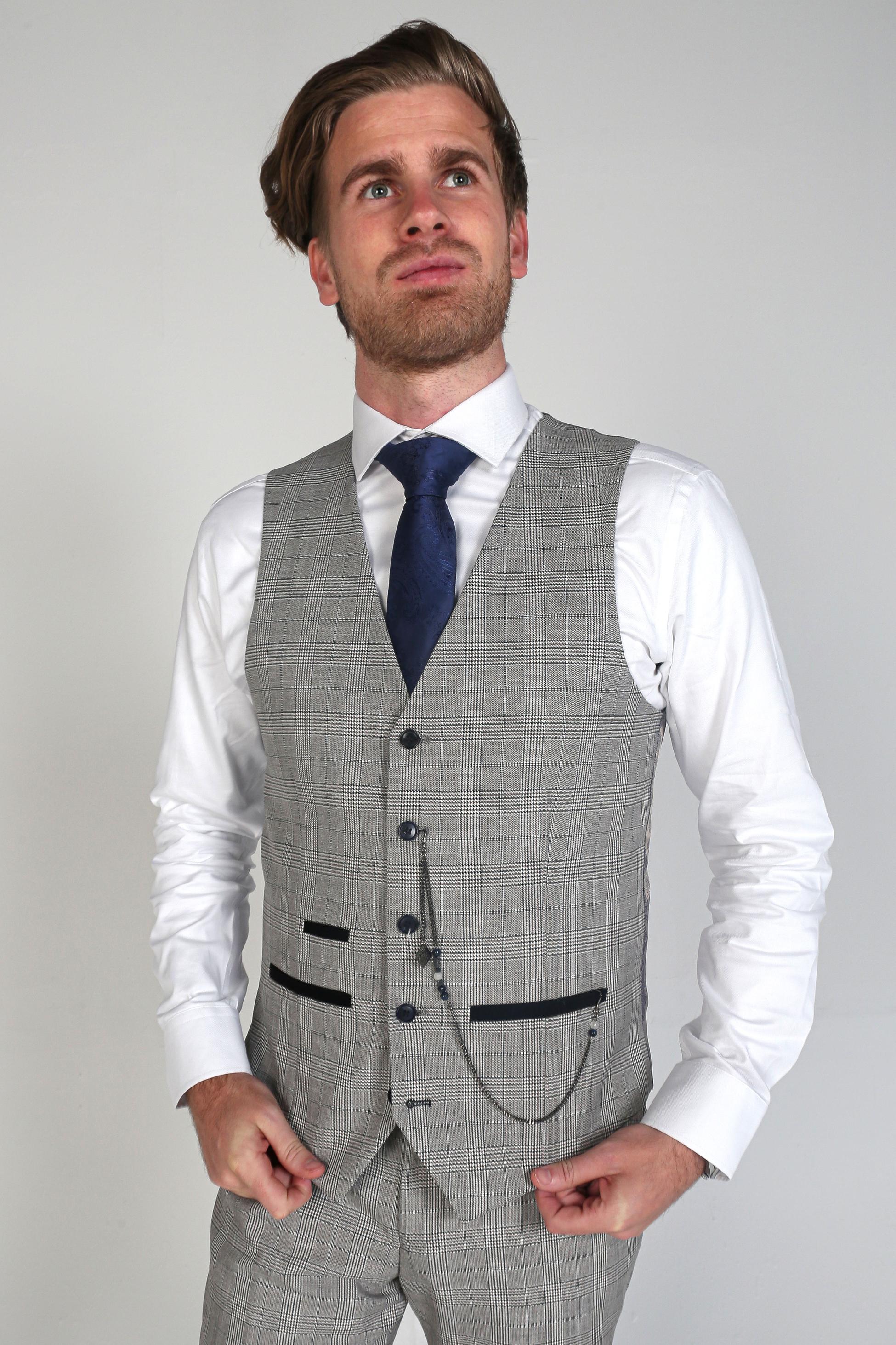 Men's Windowpane Tweed Check Formal Suit - HUGO - Grey