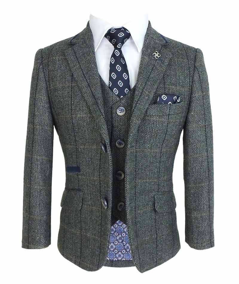 Boys Wool Blend Herringbone Check Suit - ALBERT - Grey