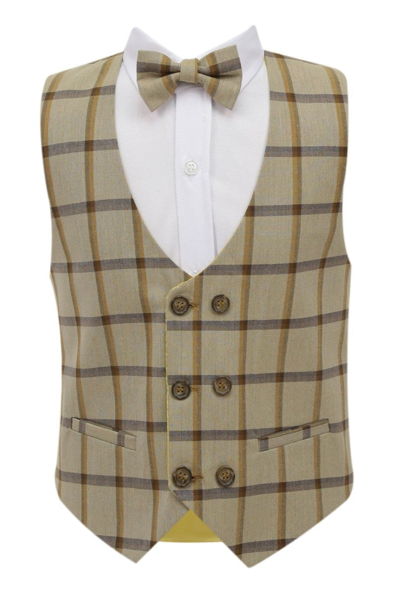 Boys Windowpane Check Suit 7 PC Set - Beige