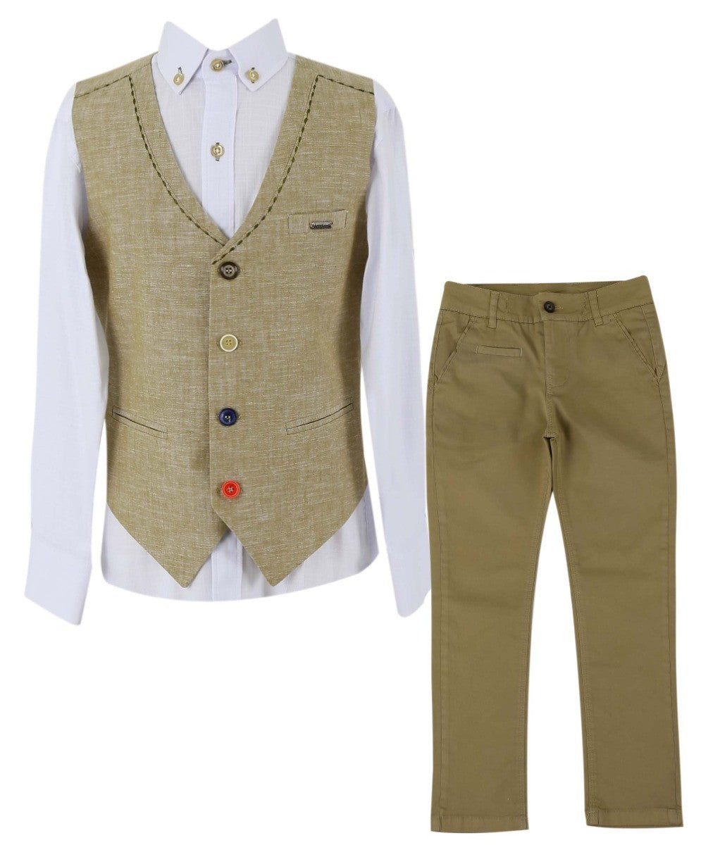 Boys Linen Single Breasted Waistcoat Suit Set - Khaki Green