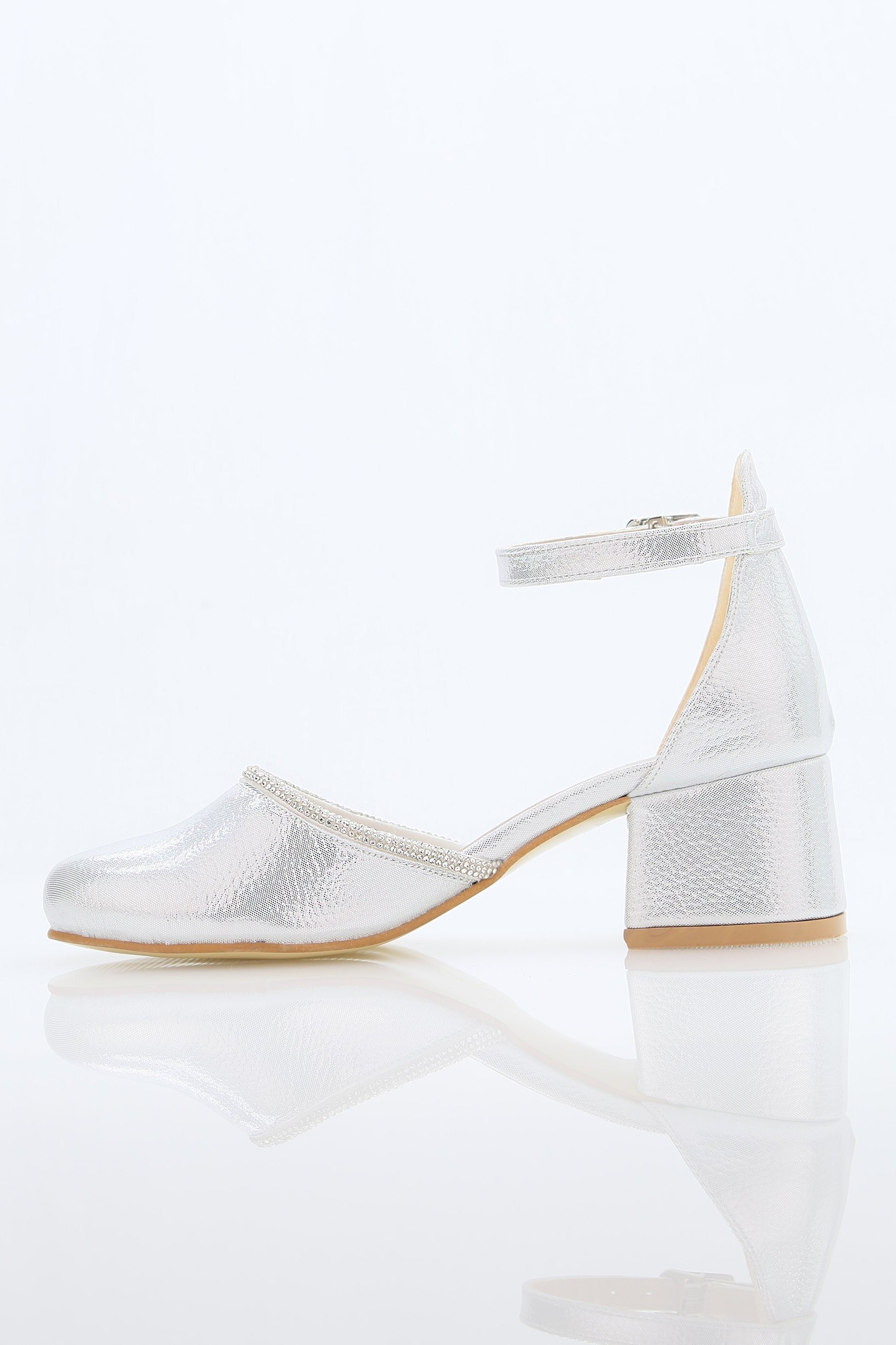 Girls' Ankle Strap Textured Block Heel Shoes – JEWEL - Silver