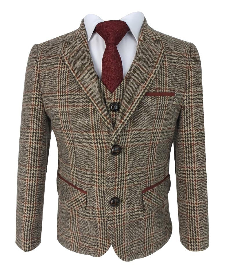 Boys Herringbone Tweed Check Suit with Elbow Patches - LUCAS - Brown - Burgundy