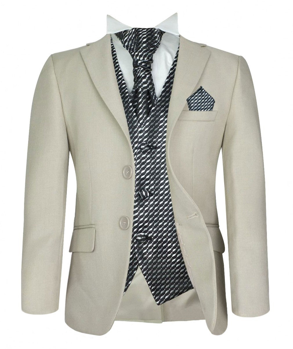 Boys Beige Suit with Patterned Waistcoat and Cravat Set - Beige - Black