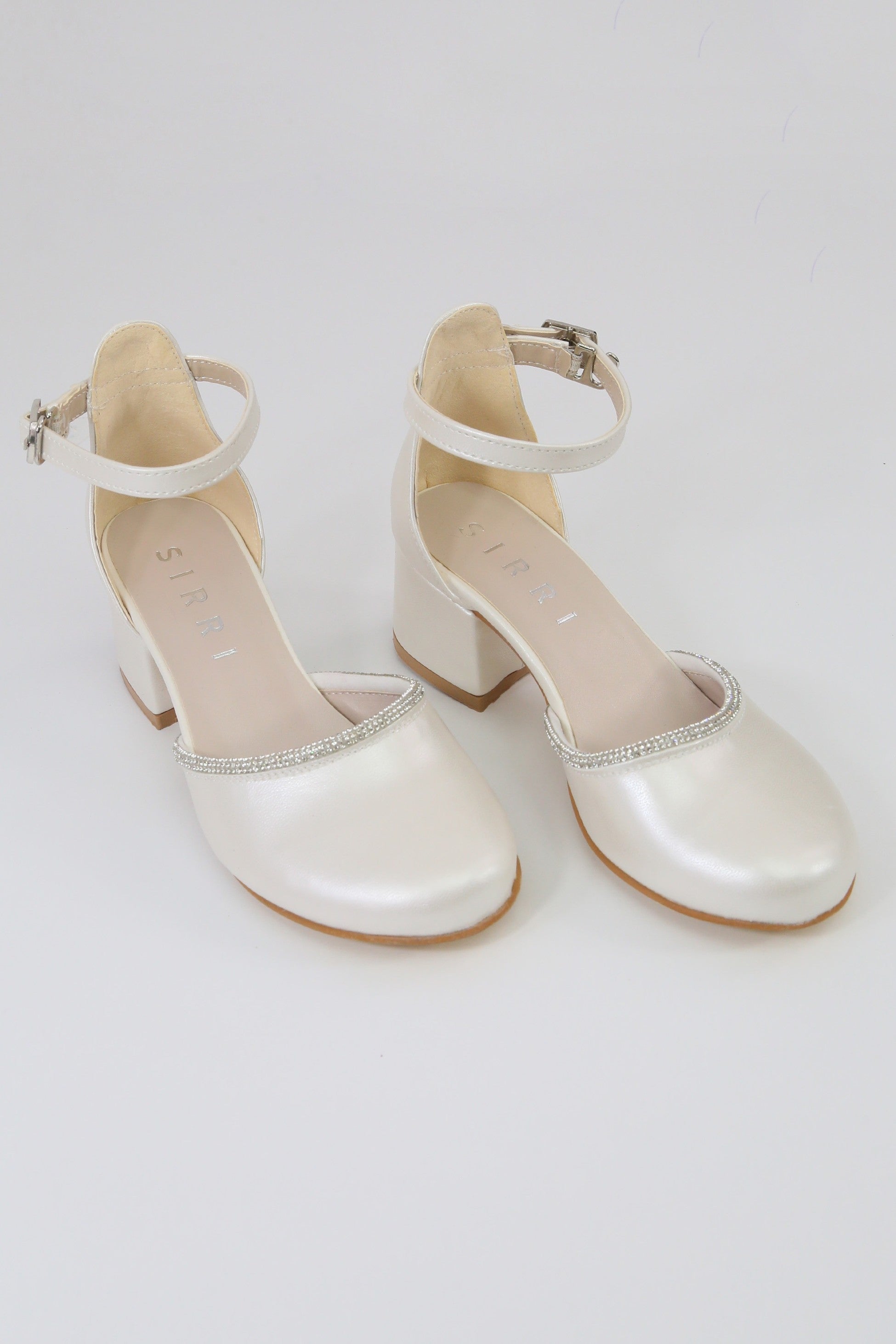 Girls' Ivory Block Heel Shoes With Rhinestone Trim – CHARM - Ivory