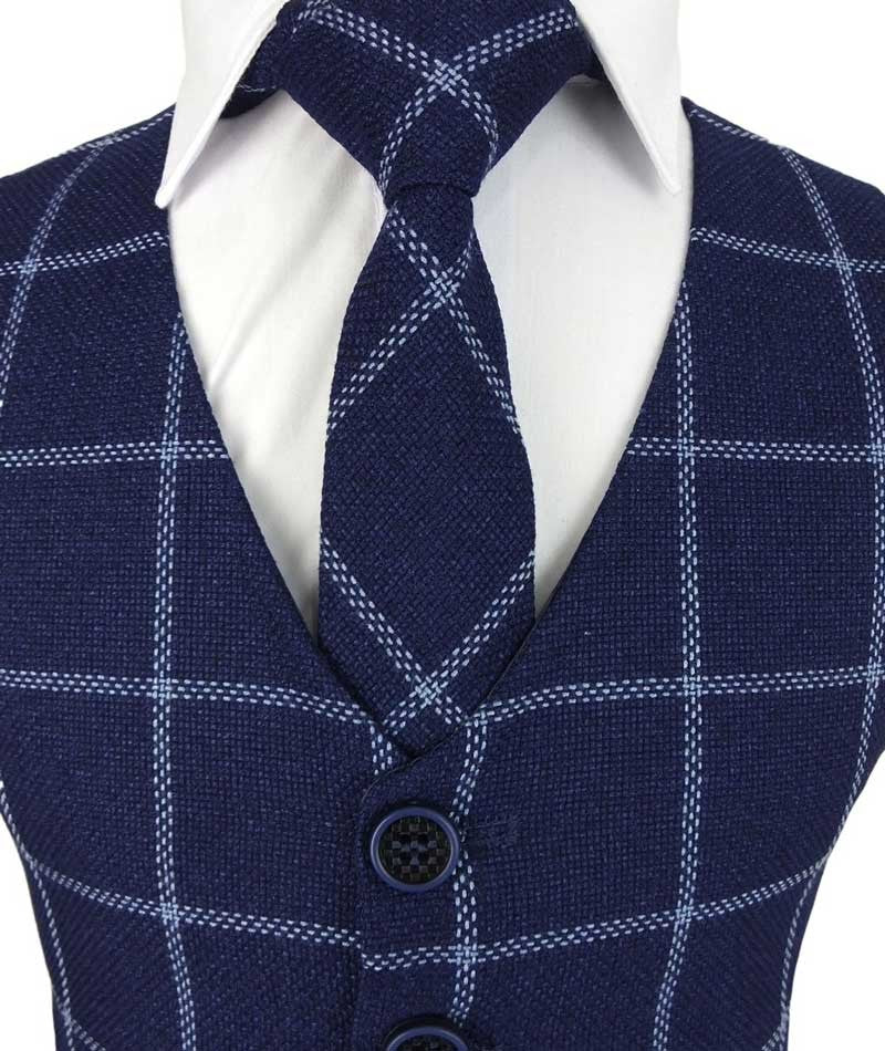 Boys Plaid Check Waistcoat Set - Navy Blue