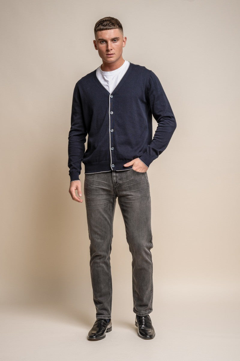 Men's Slim Fit Knitted Cotton Cardigan - Raider - Navy Blue