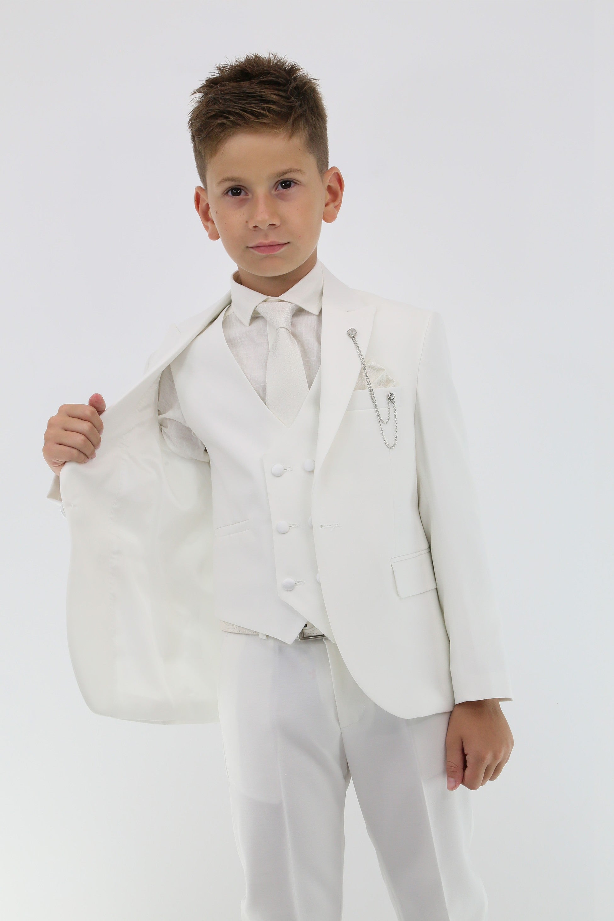 Boys Suit with Double Breasted Vest 7 PC Set - Ivory